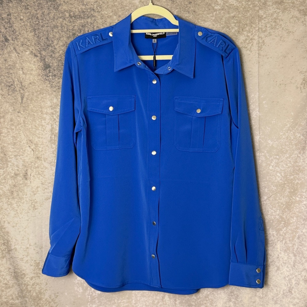 Karl Lagerfeld Paris Womens Blouse M Blue Utility Snap Front Logo Epaulette NWT